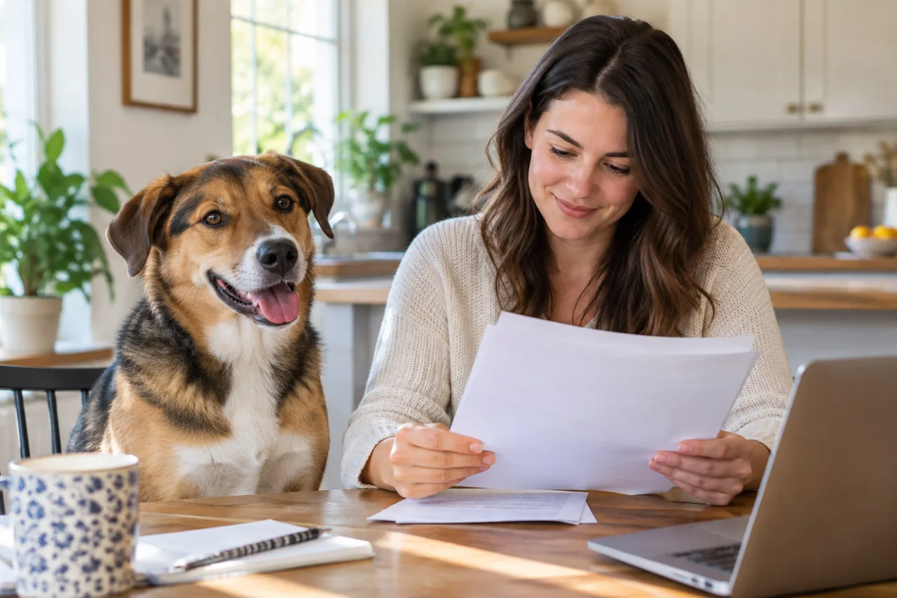 Owner reading a document beside a dog at home